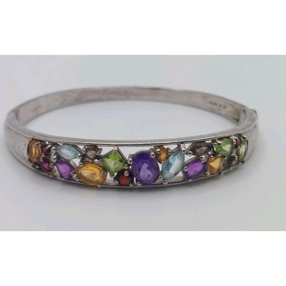 Multicolor Gemstone Bangle Bracelet Sterling Silver 925 Rainbow Y2K Vintage